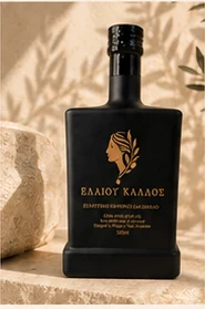 Elaiou Kallos 500ml black glass bottle front label
