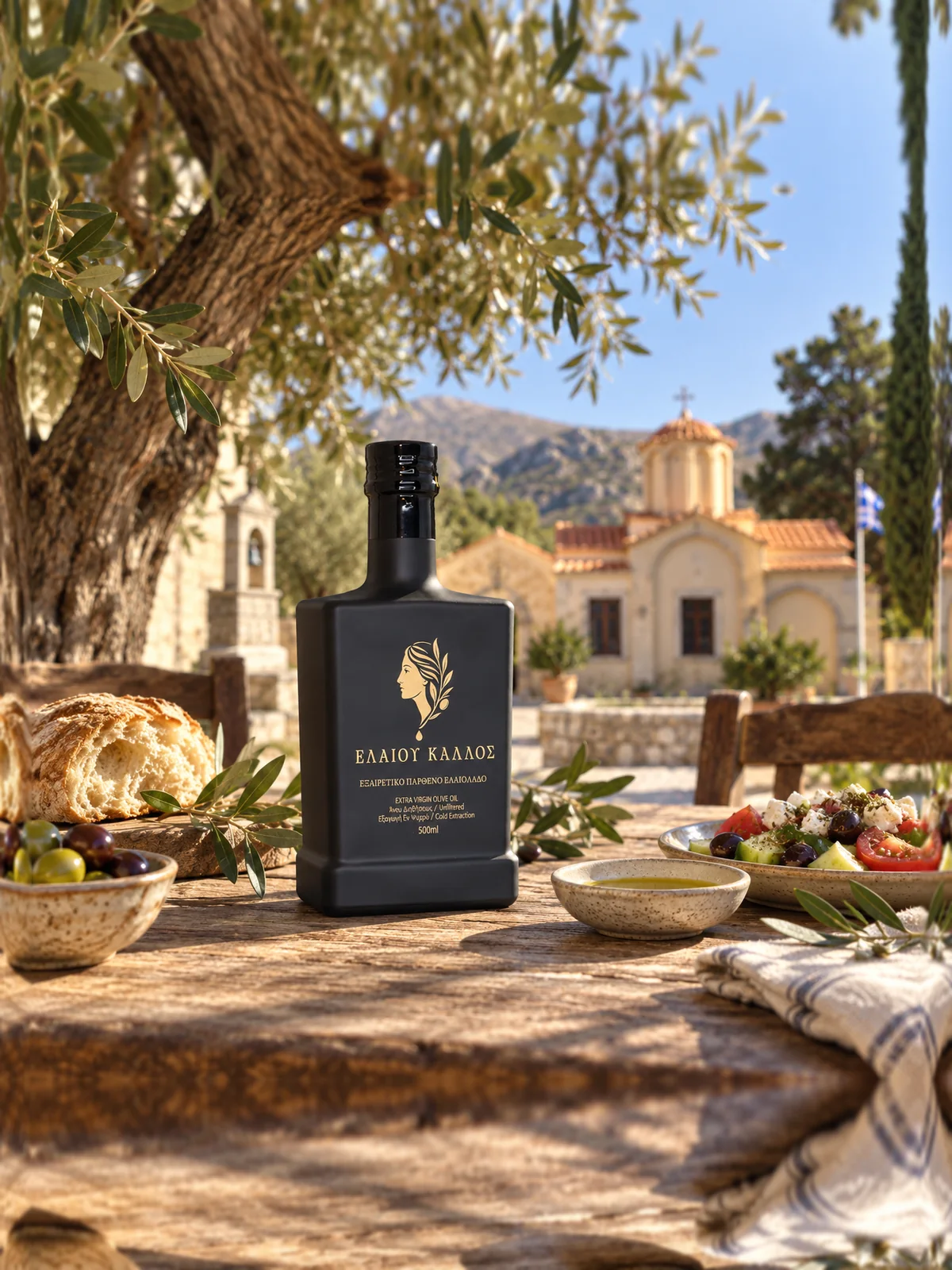 Μαύρη γυάλινη φιάλη Ελαίου Κάλλος 500 ml, μπροστινή ετικέτα